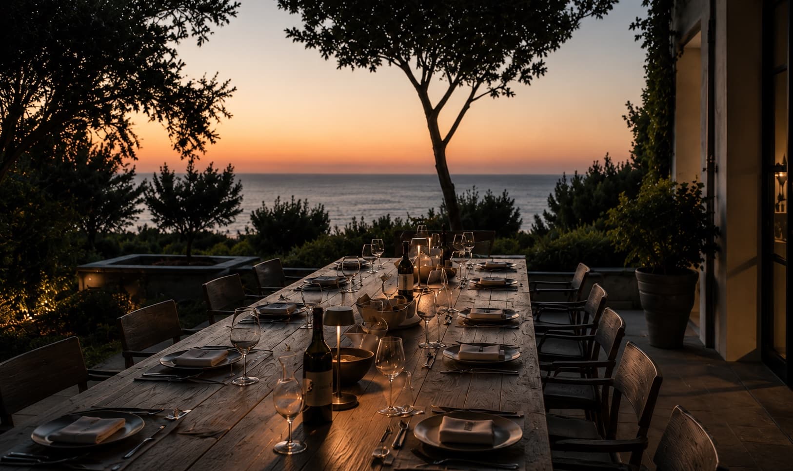 A long table laid at sunset on a terrace above the sea