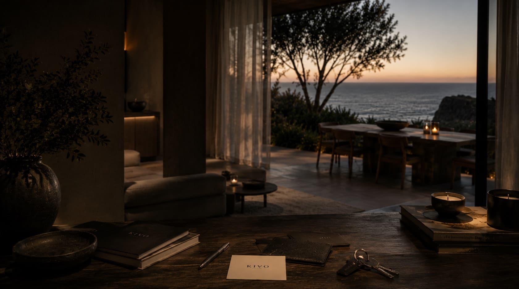A home's interior at dusk, keys and a KIVO card resting on the table