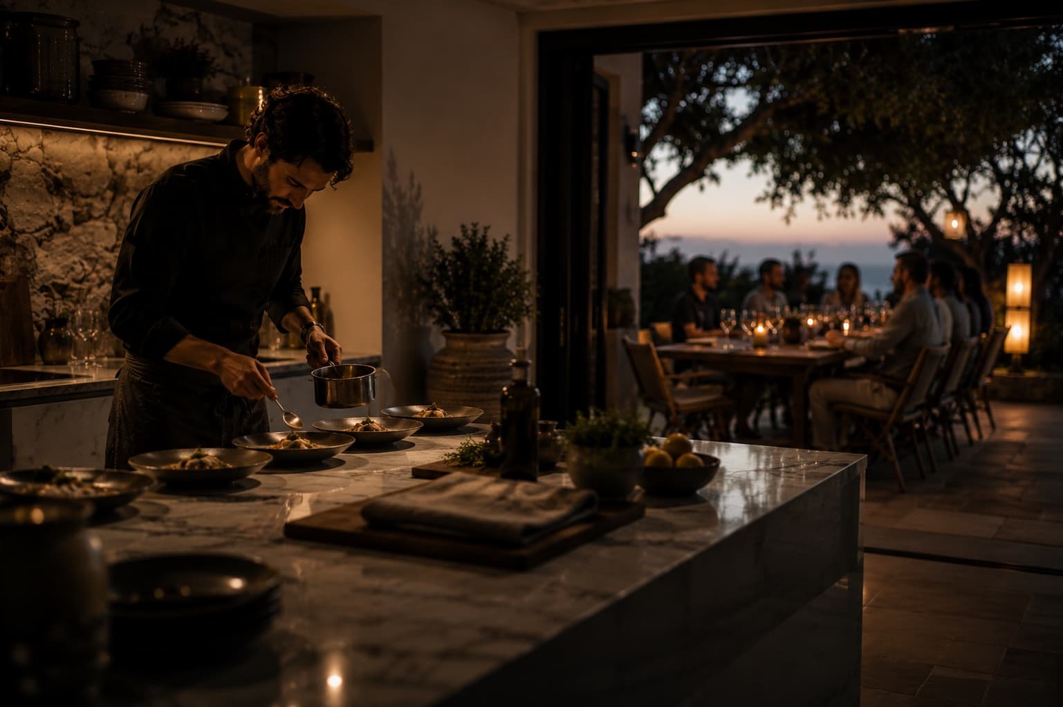A chef plating in the kitchen while guests dine on the terrace